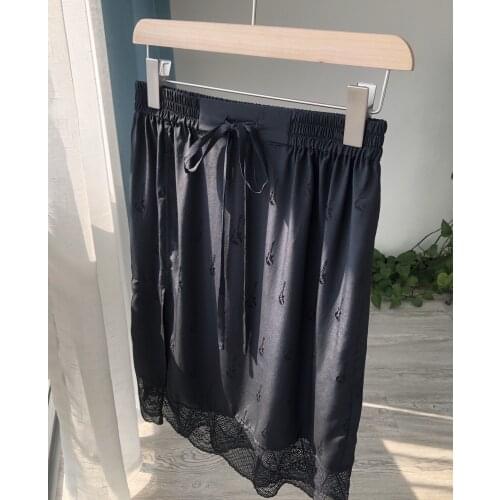 Womens Elastic Waist Guitar Jacquard Skirt Lace Trim Stitching Print Lace-Up 2021 Summer Lady Split Skirts Midi Silk Jupe