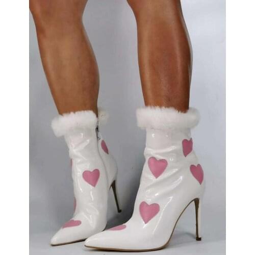 ASHIOFU New Style Ladies Stiletto Boots Heart-shape Manmade-fur Real-pics Ankle Booties Party Prom Fashion Wnter Short Boots