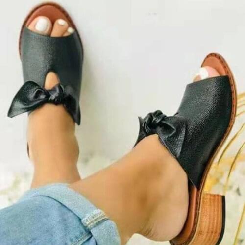 2021 Women Bow Square Heels Slippers Female Simplicity Peep Toe Elegant Shoes Ladies Fashion Leisure Summer Footwear Big Size