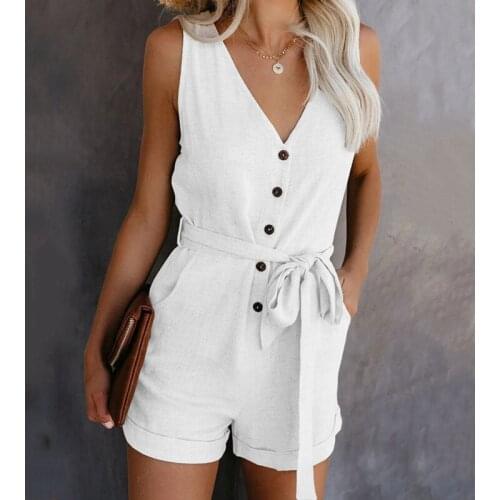 2021 Summer Sleeveless Solid Color Loose Womens Jumpsuit Ladies Lace Up Bow Playsuits Single-breasted V Neck straps Rompers