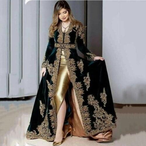 SoDigne Marocco Mermaid Velvet Evening Dress 3 Pieces Overskirt Split Applique Lace Prom Formal Gowns Tassel Algerian Outfit