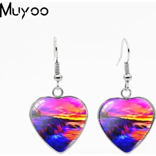 2021 New Arrival Galaxy Canyon Forest Waterfall Scenery Painting Landscape Stainless Steel Heart Dangle Earrings