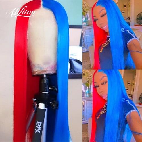 ALIFITOV Half Pink Half Purple Color Lace Front Wigs Straight Human Hair Wigs With Natural Hairline Pre-plucked Lace Front Wigs