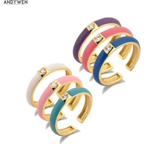 ANDYWEN 925 Sterling Silver New 6 Enamel PInk Purple White Adjustable Rings Resizable Fashion Women Jewelry Party Crystal Zircon