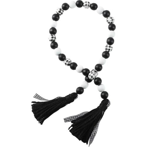 Wood Bead Garland with Tassels,Rustic Tiered Tray Christmas Decorations,Black,Whiite Wooden Bead with Plaid Tassel
