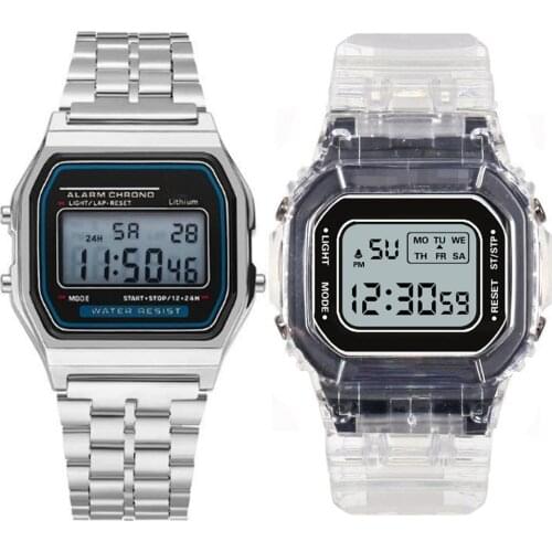 Eletronic Smart Watch LED LED Digital Square Women Watches PCV / F91W Steel Strap Sports Watches Electronic Wrist Band Clock