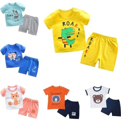 2021 New 2pcs 6M-8Y Unisex Summer Childrens Sets Short Sleeve Cotton T-Shirt Pants for Toddler Boy Clothes Girls Kids Suits