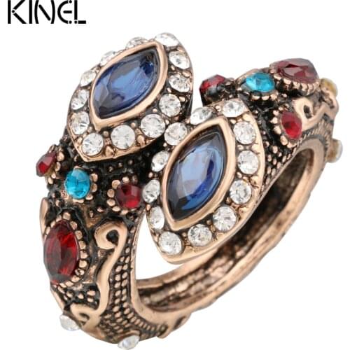 Kinel Unique Crystal Ring Color Ancient Gold Vintage Look Double Head Blue Rings For Women Bohemia Jewelry