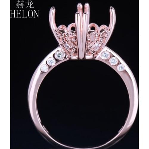 HELON Solid 14K Rose Gold SI/H Natural Diamonds Wedding Ring Fit 10-12mm Round Semi Mount Engagement Ring Women Fine Jewelry