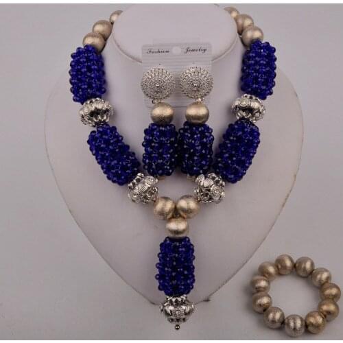 Royal Blue Crystal Nigerian Wedding Party Beads Statement Necklaces African Jewelry Sets Bridal Jewellery Free Shipping