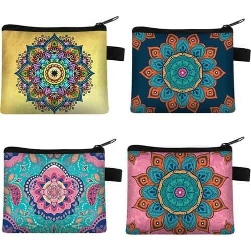 Mandala Flower Print Coin Purse Woman Mini Cute Multicolor Pattern Zipper Children Girl Coin Wallet USB Cable Headset Bag