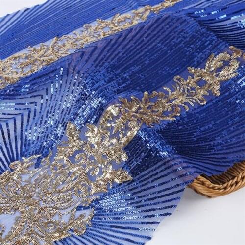 Lace164 Blue Embroidered Mesh Yarn Sequined Fabric Fashion Womens Dresses Stage Dress Wear Decorative Fabrics Wedding Dress