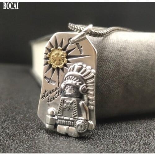 BOCAI 2021 Fashion New Real s925 Sterling Silver Chiefs Pendant Square Silver Medal Retro Personality Hip-hop Rock Man Necklace