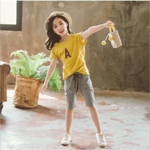 Fashion Summer Kids Baby Girls Outfit Suit Cotton Caisal Clothes Set Letter Tops+Short Pants 2Pcs Set Children Suits 6 8 10 12T