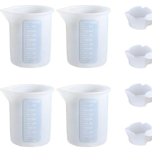 Silicone Measuring Cup Set Resin Casting Diy Tool Kit 4 Pieces 100ml Reusable Measuring Cup and 4 Mixing Cups