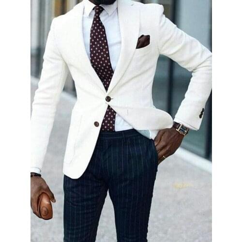 ANNIEBRITNEY White 2 Piece Slim Fit Men Suit With Navy Stripe Pants Custom Skinny Groom Wedding Tuxedo Prom Wedding Men Suit Set