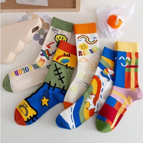 PEONFLY New Fashion Harajuku Women Girls Hip Hop Socks Cute Cartoon Illustration Socks For Ladies Funny Korean Happy Socks