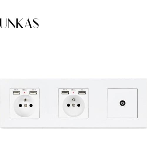 UNKAS PC Plastic Panel Double French Standard Socket With 4 USB Charging Port + 1 Gang Female TV Connector Television Jack