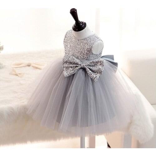 New Silver Sequins Sleeveless Princess Baby Girls Dresses Kids Wedding Dress Bow Tutu Baptism Party Gown vestido batizado