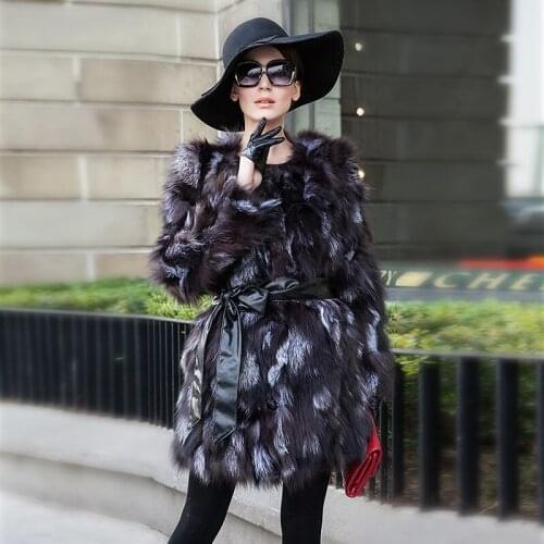 Winter Natural Silver Fox Fur Coat Ladies Real Fur Overcoat Womens Fashion Long Sleeve Genuine Fur Clothes Free shipping