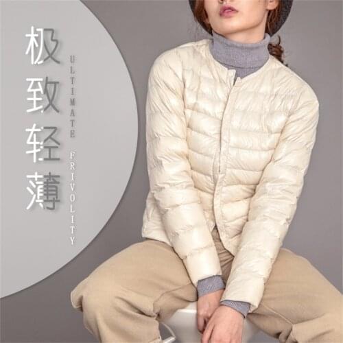 Spring and autumn models ultra-thin womens round neck short paragraph light white duck down 90% liner large size down jacket