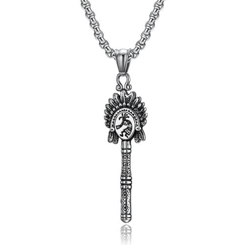 Vintage Indians Scepter Pendant Necklaces for Men Male Retro Chief Male Jewelry Stainless Steel Chain with 24