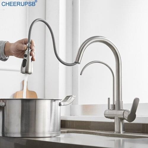 Pull Out Kitchen Taps Dual Tube Hot Cold Mixer Sink Tap Sprayer Water Drinking Faucet Brass Chrome Copper Faucets Grifo Cocina