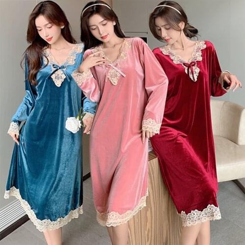 2021 Autumn Winter Sexy Lace V-neck Gold Velvet Nightgowns for Women Korean Long Sleeve Sleepwear Night Dress Nightdress Nighty