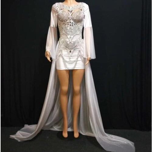 Women White Elegant Rhinestone Round Collar Long Sleeves Short Skirt with Enlarged Hem Female Singer Stage Performance Outfits