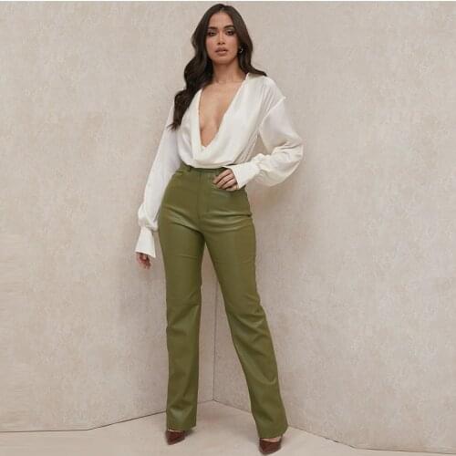 Autumn pantalon cuir femme high waist streetwear pantscuir fashion with pocket PU bag hip fleece straight leather pants trousers