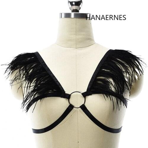 Woman Punk Style Elastic Feather Harness Bra Belts Sexy Lingerie Body Bondage Caged Bralette Gothic Adjustable Bra Sexy Garters