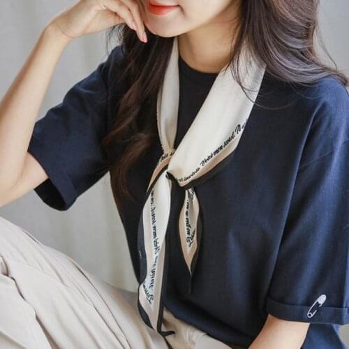 Luna&Dolphin Spring Women Diamond Scarf 110x35cm White Chiffon Silk Scarves Letter Print Classic Office Lady Headbands Bandana