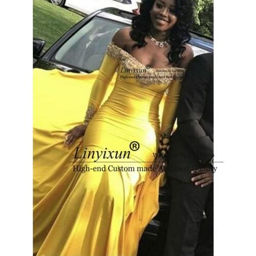 New Long Sleeve Mermaid Prom Dresses 2021 Off The Shoulder Sweep Strain Lace Applique Beading Formal Yellow Evening Dress