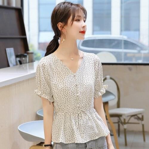 #4048 White Retro V-neck Slim Shirt Girls' College Style Top Ruffles Chiffon Blouse Short Sleeve Summer Point Sexy Slim Casual