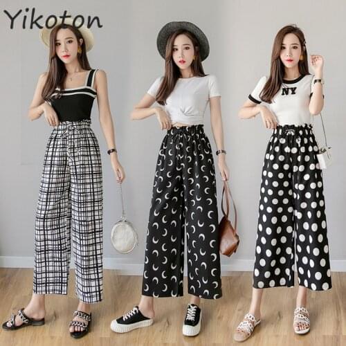 YIKOTON Summer Wide Leg Pants For Women Casual Elastic High Waist 2021 New Fashion Loose Long Pants Pleated Pant Trousers Femme