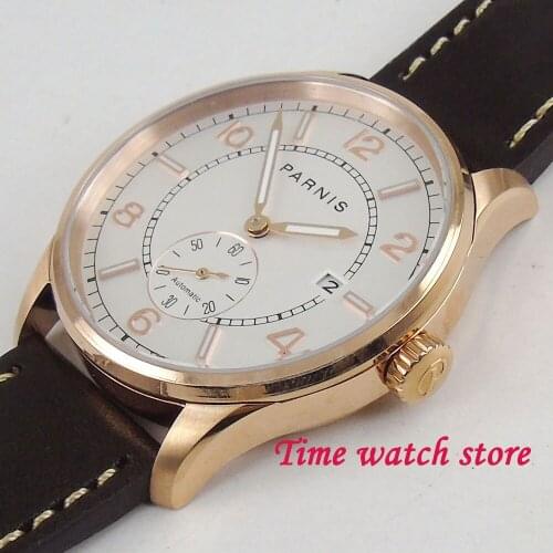 2019 Classic 42mm Parnis Luxury mechanical auto watch men gold waterproof leather steel white black dial luminous Date