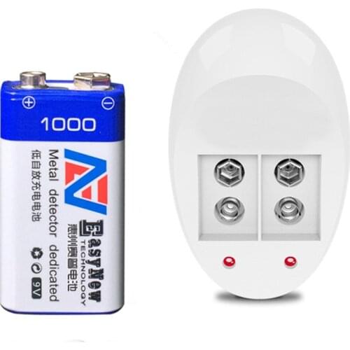 Hot sale 1PCS 1000mAh large 9V lithium ion rechargeable battery metal detector battery + 1pcs smart 9V charger
