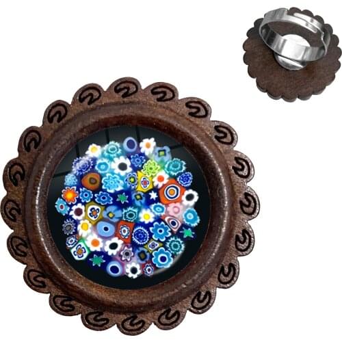 Murano Millefiori Wood Rings MultiColour Flower 20mm Glass Cabochon Adjustable Ring For Women Men Gift Wholesale