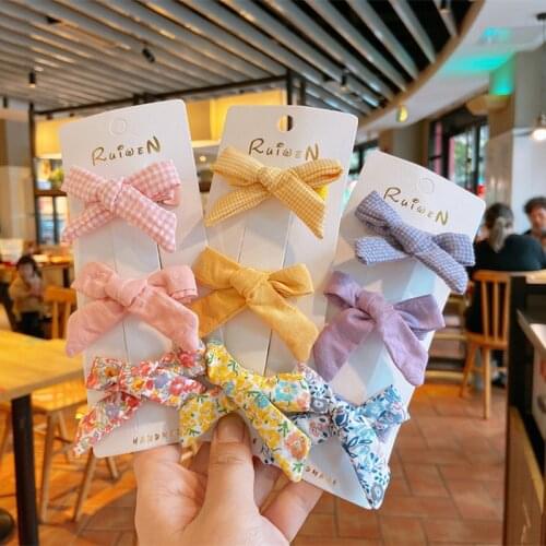 3 Pcs Korea Lovely Floral Plaid Fabric Bow Duckbill Clip Headwear Fashion Girl Princess Hairpins Childrens Hair Accessories