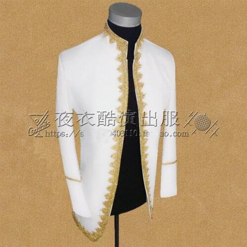 Free ship white with golden embroidery prince cosplay medieval mens jacket Renaissance lace Gown king costume