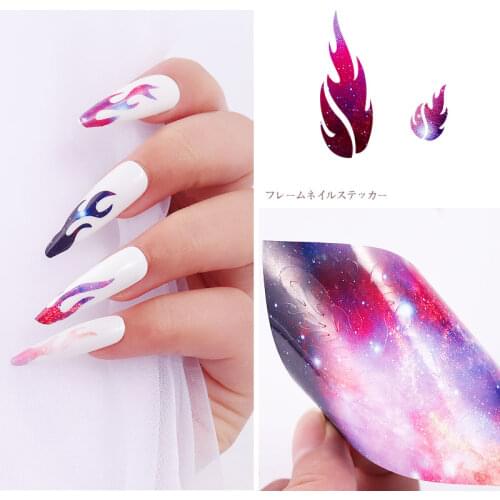 Lamemoria 1set Mixed Flame Laser Nail Decal and Leaf 3D Holographic DIY Foil Decal Sticker Colorful Decoration Nail Art Design