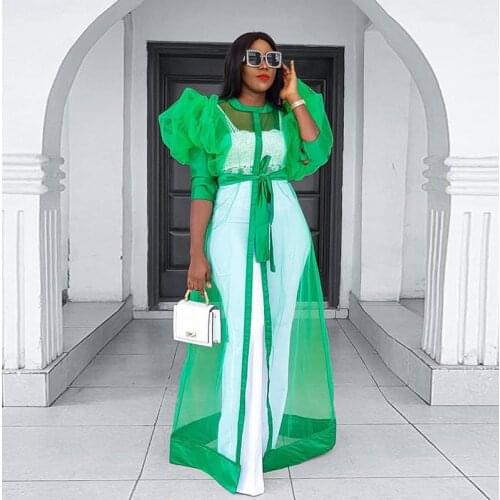 Summer Women See Through Dresses Organza Sexy Plus Size Lantern Sleeve Lace up Cardigan with Belt for Nightclub Party 2021