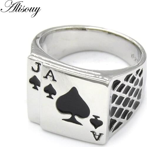 Fashion jewelry Mens Size 7-12 Hotsale Cool Mens Jewelry Chunky White Gold Color Black Enamel Spades Poker Ring Men