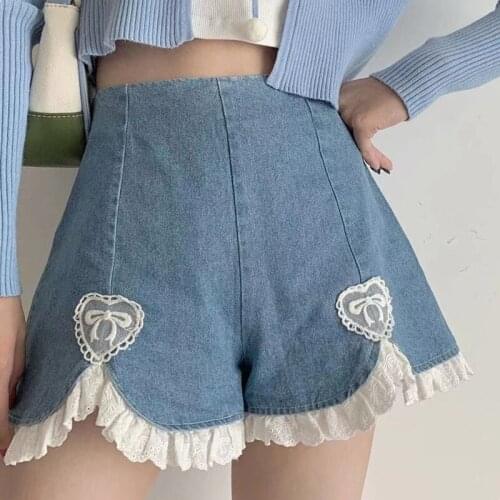 Cute Lolita Girls Denim Shorts Japanese Sweet High Waist Lace Irregular Womens Shorts S-4XL Summer Kawaii Sexy Blue Shorts