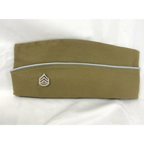 WW2 US ARMY KHAKI GARRISON CAP & US USMC MARINE CORPS STAFF SERGEANT RANK SILVER SOLDIER MILITARY HAT REENACTMENTS EQUIPMENT