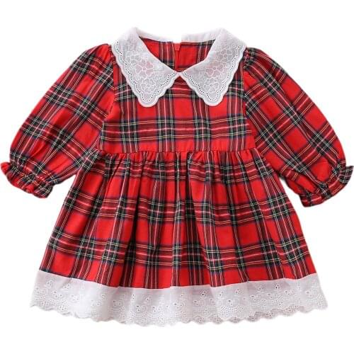 Little Infant Kids Baby Girl’s Casual Puff Sleeve Dress Fashion Plaid Lace Stitching Doll Collar A-line Dress