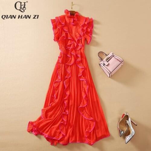 Qian Han Zi Fashion Runway Summer Dress 2021 Women sleeveless Ruffle pleated long Elegant slim dress dresses