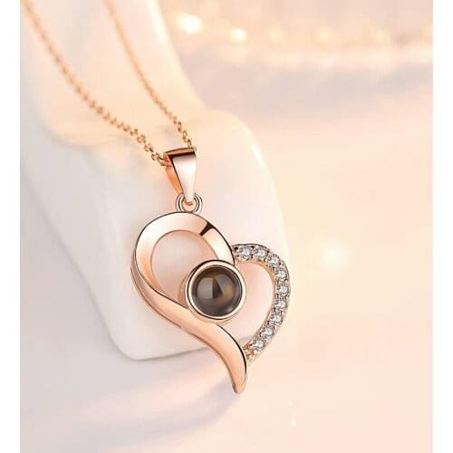 Love Heart Romantic Love Memory Wedding Necklace Rose Gold&Silver Color 100 Languages I Love You Projection Pendant Necklace
