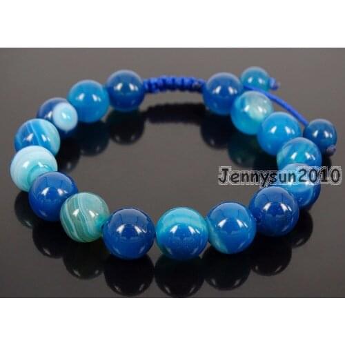 Handmade 10mm Adjustable Natural Blue Stripe Ag-ate Gems Stone Round Beads Bracelet Healing Reiki 5 Strands/Pack