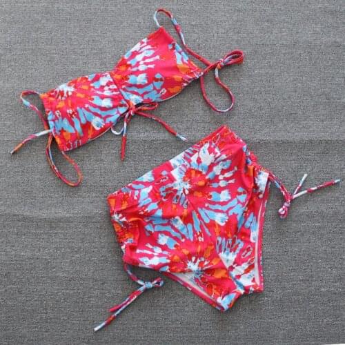 Sexy Womens Swimsuit Floral High Waist Lace Up Bikini Set Push Up Padded Seperate Swimwear Summer Bathing Suit Beachwear